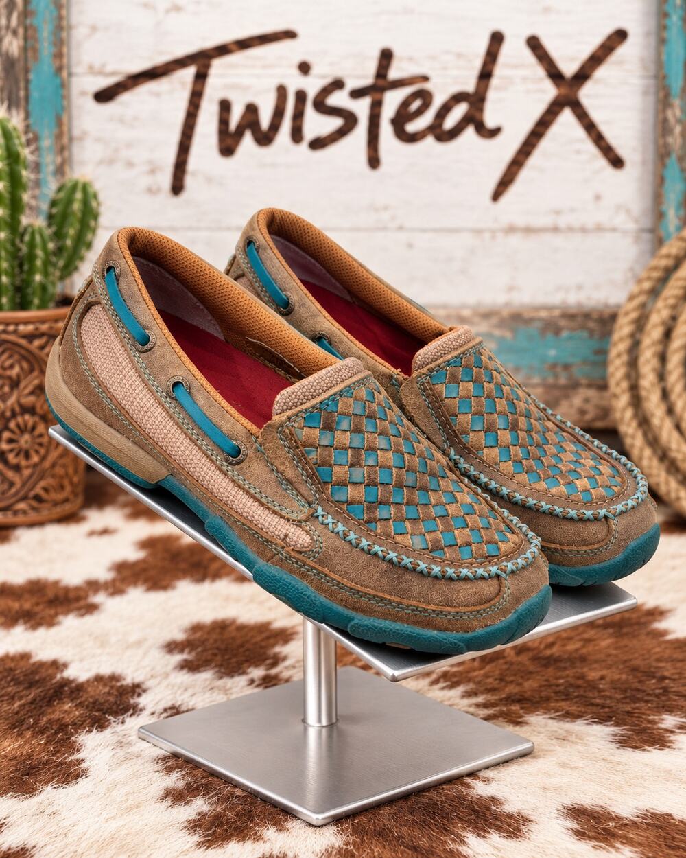 Twisted X WDMS006 Bomber Turquoise Check Leather Driving Mocs Women’s 6M